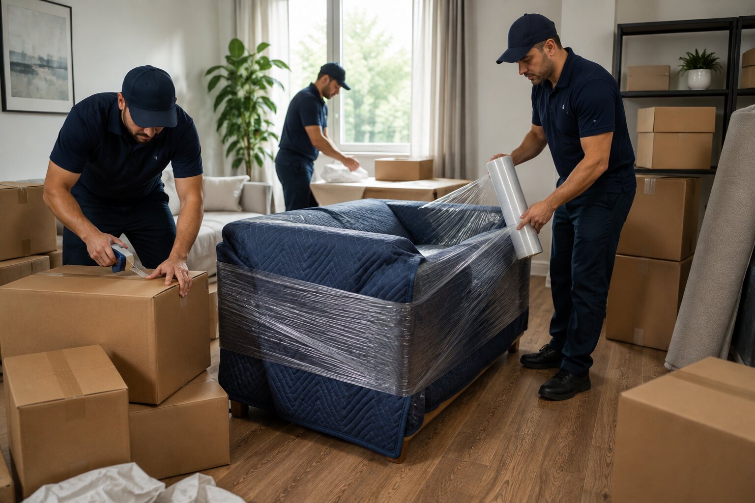 Movers transporting labelled crates through a modern office lobby