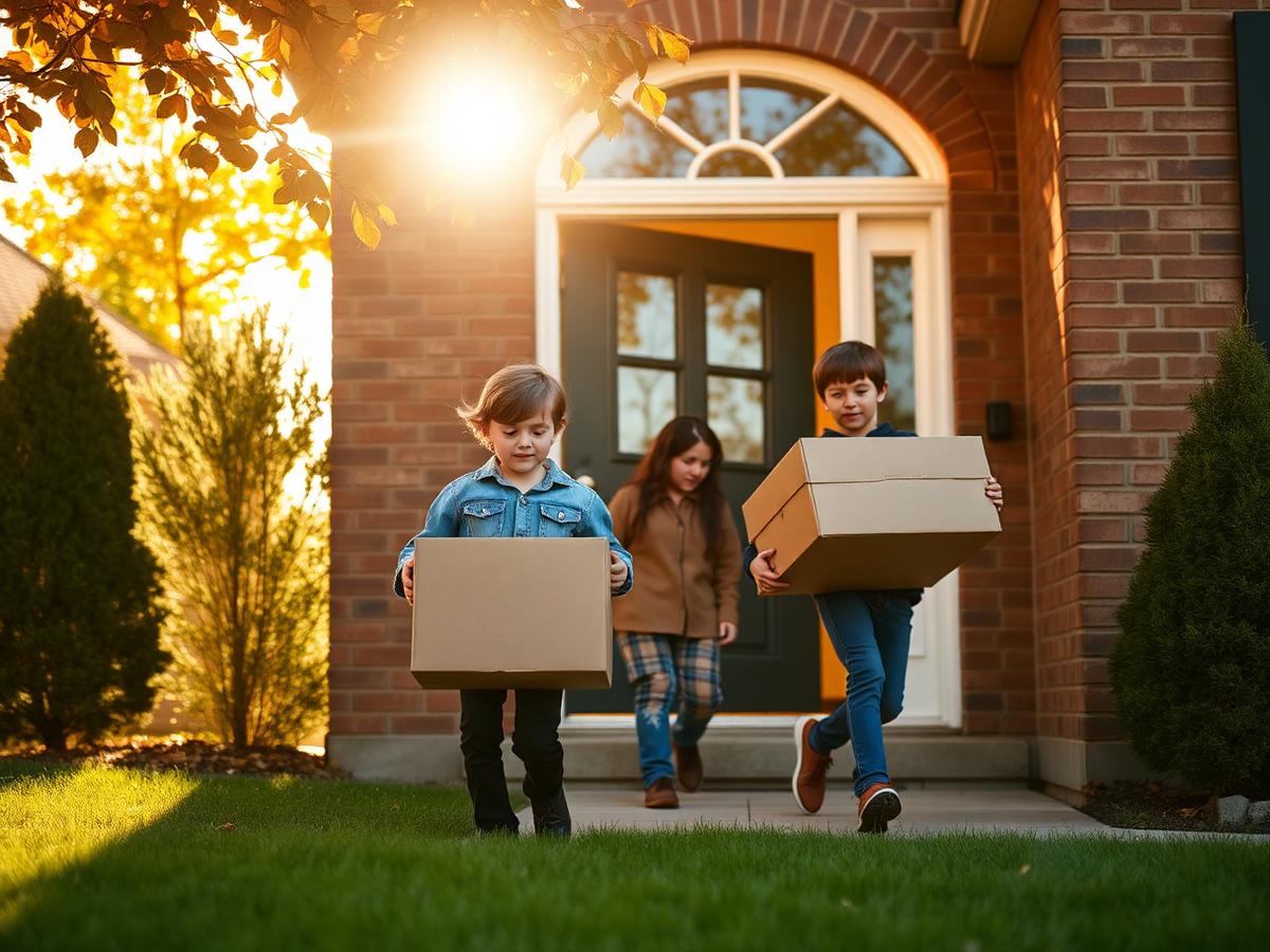 A family carrying boxes into their new home