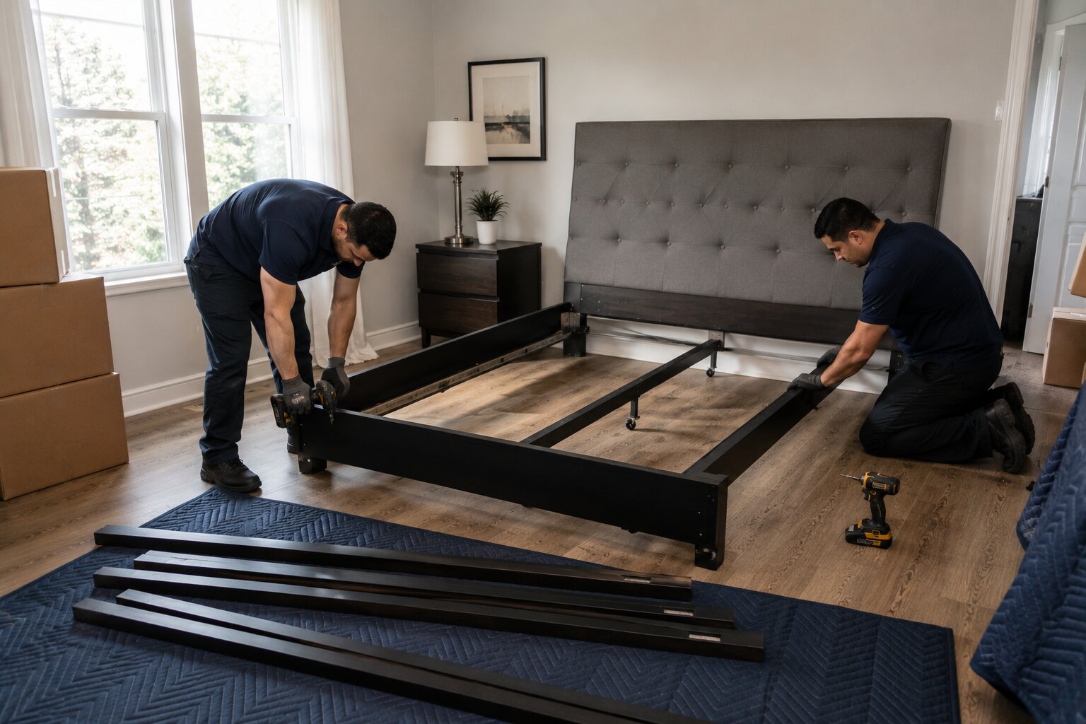 Professional mover wrapping furniture in protective material inside a bright condo
